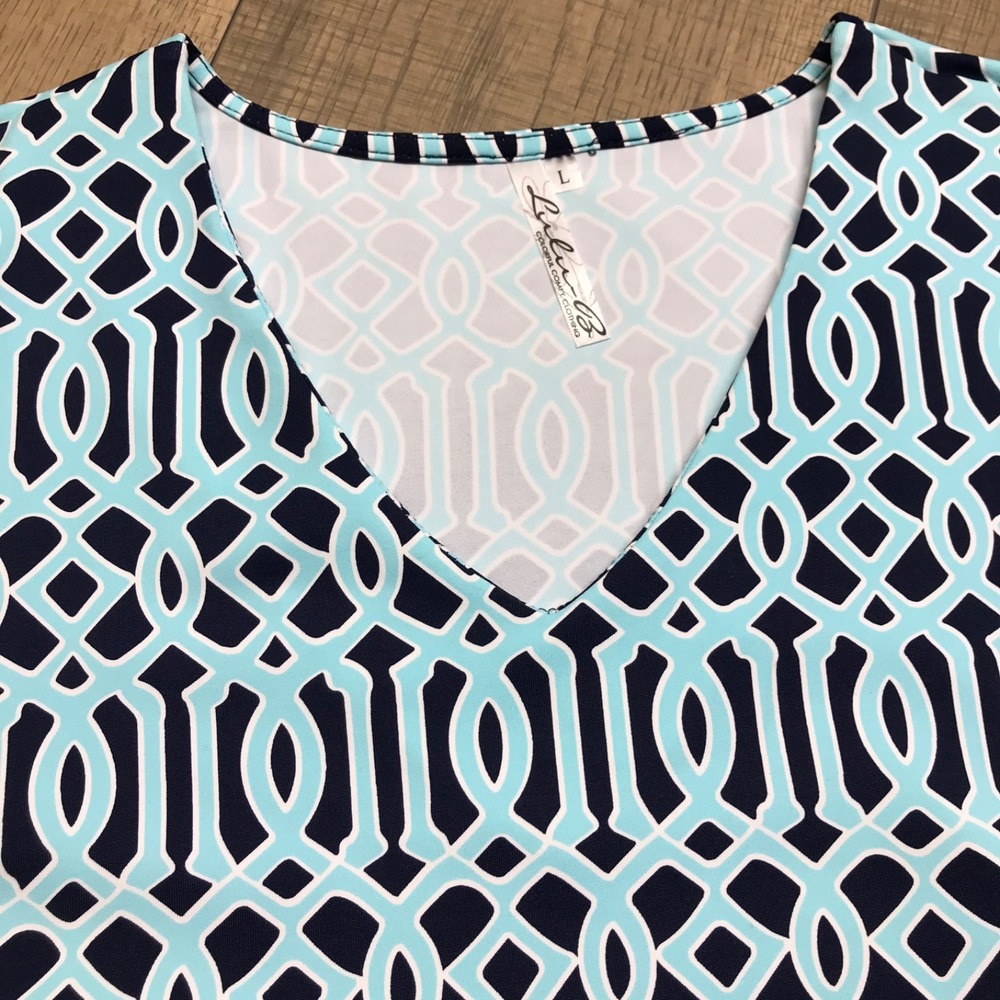 Lulu B Dress Womens Size L Blue Printed V-Neck Geometric Shift Stretch Beach - Picture 5 of 10